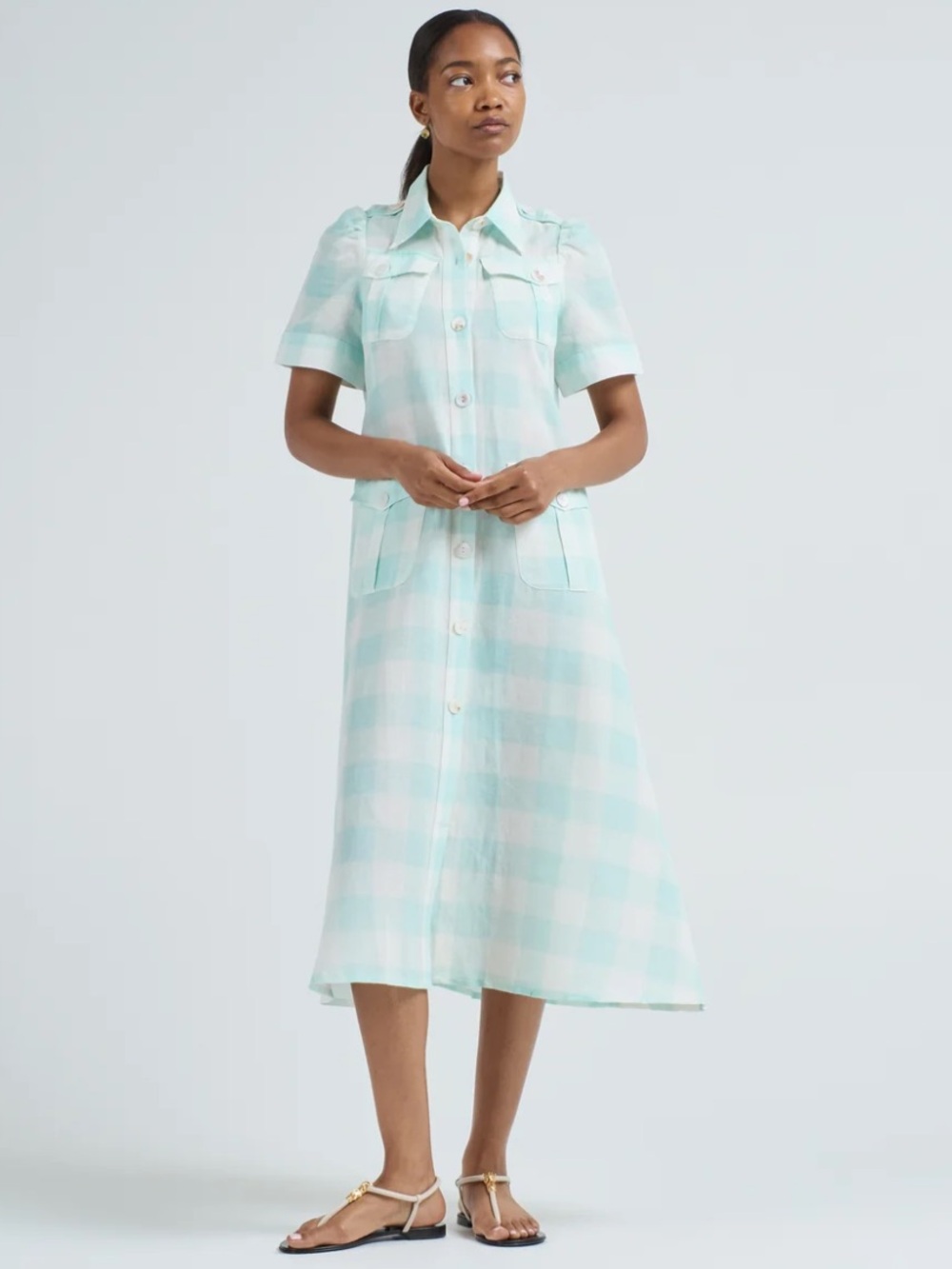 Thierry Colson France Women’s Baghera Linen Camp Shirt Dress Mint Checked XS